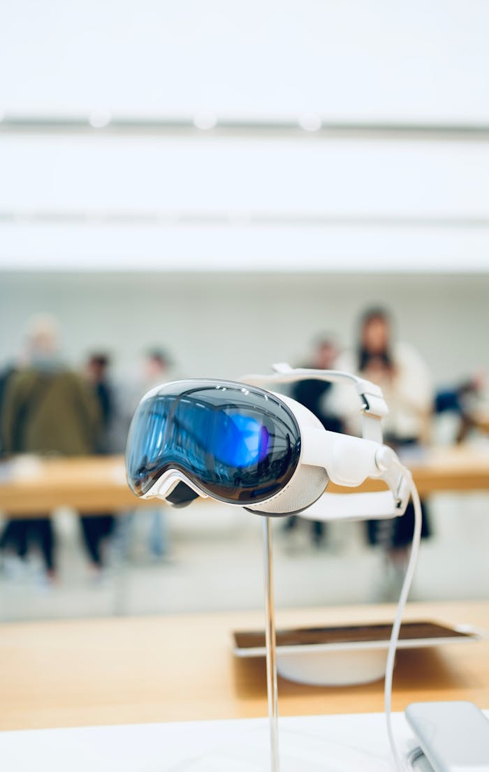 A cutting-edge VR headset showcased in a modern tech store with blurred people in the background.